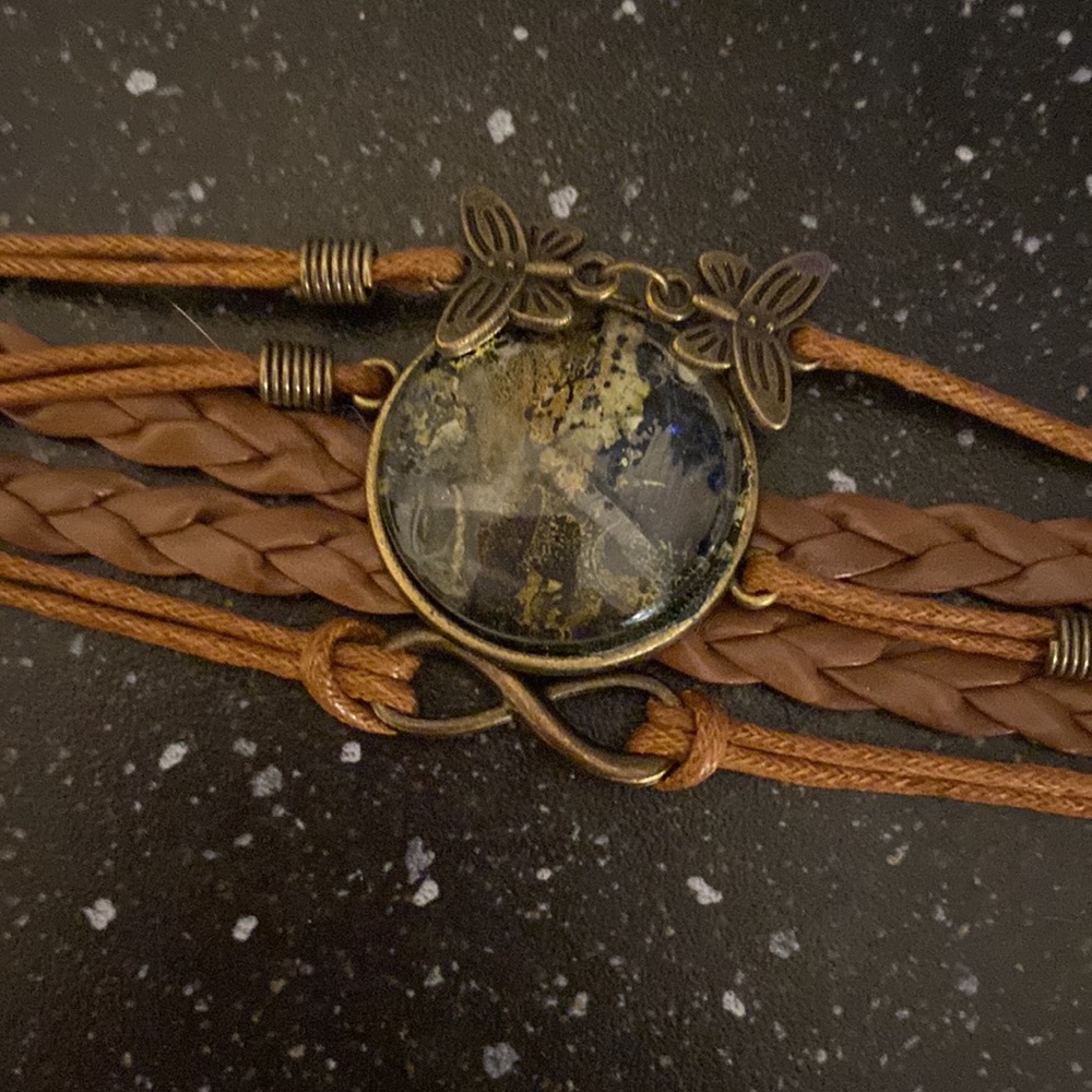 Handmade Faux Leather Bracelet w Hand Painted Alcohol Ink Art Under Domed Glass